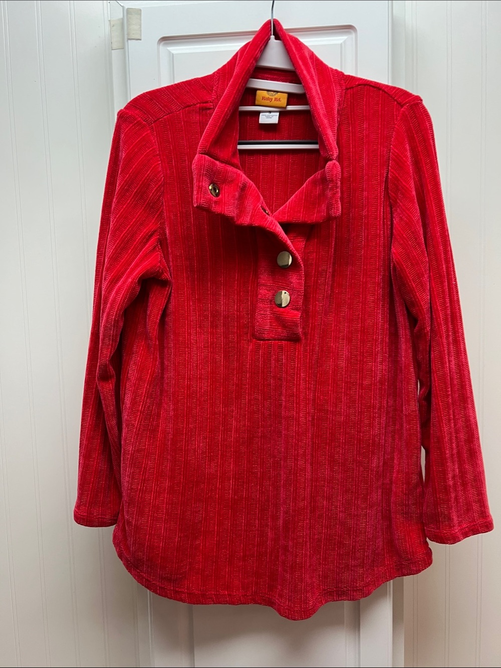 Ruby Rd. Bright Red Ribbed Button-Front Pullover